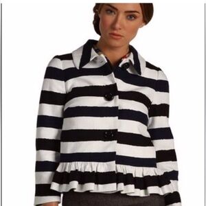 Kate Spade | Ari All Aboard navy blue white striped ruffled hem edge jacket